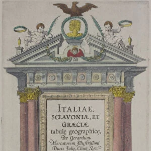 16th century, antique, art, atlas, book, cherubs, columns, cover, eagle, engraving