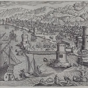 adults, antique, archival, bay, boat, busy, depicting, engraving, harbor, hills, historic