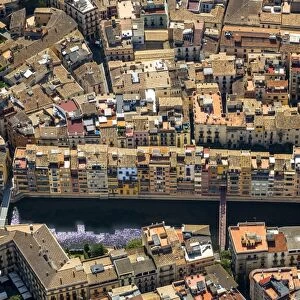 Aerial view, Call, Jewish quarter on the river Onyar, Girona, Catalonia, Spain