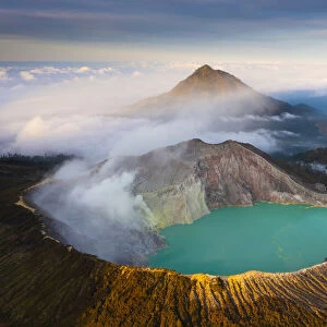 Aerial view of Misty Volcano of Kawah Ijen crater in East Java
