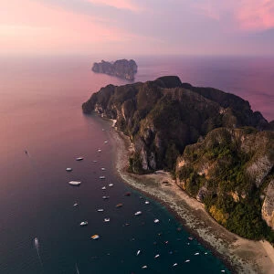 Aerial view of Phi Phi island at sunrise, Thailand