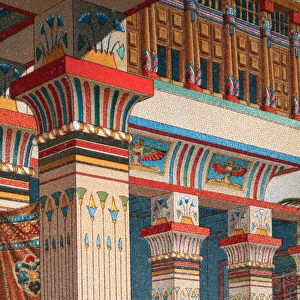 Detail of Ancient Egyptian architecture, columns and capitals, painted frescoes