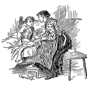 Antique childrens book comic illustration: mother talking to son