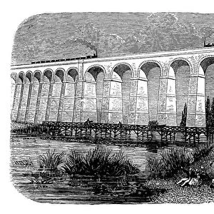 Antique illustration of scientific discoveries, experiments and inventions: Railroad building viaduct