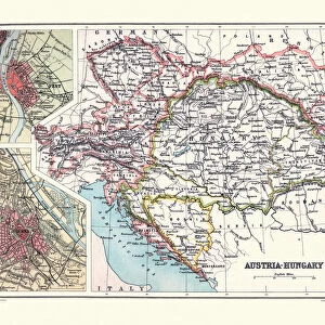 Antique Map of Austria Hungary, details of Vienna and Budapest, 19th Century