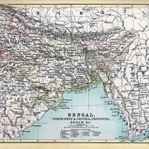 Antique map of Bengal, North West and Central Provinces, Assam, India, 1890s, Victorian 19th Century