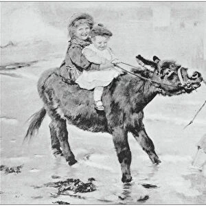 Antique photo of paintings: Donkey with children