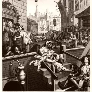 A nightmarish scene of a slum, depicted in an engraved print A nightmarish scene of a slum, depicted in an engraved print