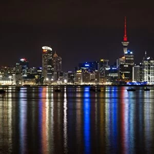 Auckland skyline at night, seen from Bayswater, Auckland, North Island, New Zealand