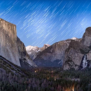 Beautiful Star Trails over Yosemite Valley from the Tunnel View lookout