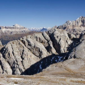 At the Bepi Zac via ferrata in the San Pallegrino valley, above San Pellegrino Pass or Passo San Pellegrino, Sella massif in the back, Dolomites, Trentino, Italy, Europe