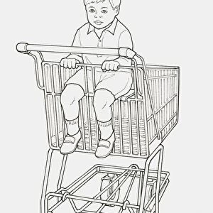 Black and white illustration of boy sitting in supermarket trolley