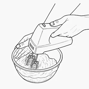 Black and white illustration of whisking ingredients in bowl using electric whisk