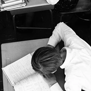 Boy studying at school desk, overhead view