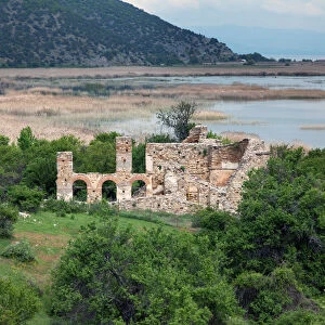 Byazntine basilica on the island of Agios Achilios, Small Prespa Lake, Macedonia, Greece