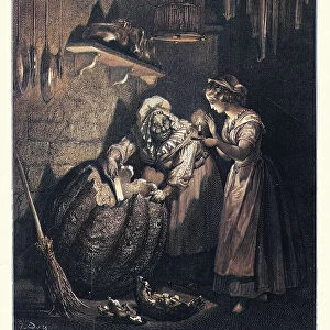 Cinderellas fairy godmother carving the pumpkin into a coach, Fairy Tales of Charles Perrault
