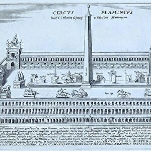 The Circus Flaminius. The Circus Flaminus did not have fixed seating like the Circus Maximus, which made its use more flexible. It was located on the Campus Flaminius, historical Rome, Italy, digital reproduction of an original 17th-century design