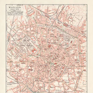 City map of Milan, Italy, lithograph, published in 1897