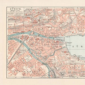 City map of Zurich, largest city of Switzerland, lithograph, 1897