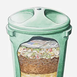 Cross section illustration of green plastic compost bin on bricks showing layers of stones, straw, soil, food waste and newspaper