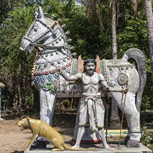 Decorated horse statue statue of the god, temple for the god Madurai Veeran, Mandavi, Tamil Nadu, India