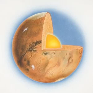 Diagram of planet Mars with quarter of sphere removed to reveal subterranean layers, front view