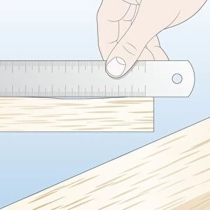 Digital illustration of ruler on piece of timber and marking end with loop to square up timber