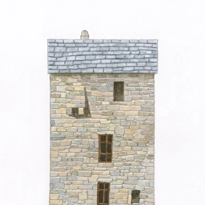 Digital illustration of tall hillside house typical of Castagniccia on the island of Corsica, built to hold several families