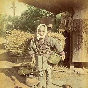 Elderly Japanese woman, farm labourer, carrying bales of straw on her back, work, c. 1870, Japan, Historic, digitally restored reproduction from an original of the period