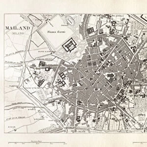 Engraving antique map of Milano Italy from 1851