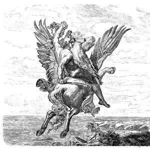 Engraving of hero Perseus riding Pegasus
