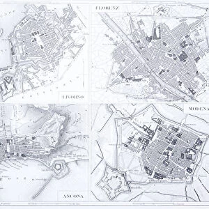 Engraving: Leghorn, Florence, Ancona and Modena