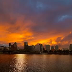 Fiery Sunset Over Portland Oregon downtown Waterfront