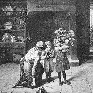 Grandmother's birthday, the children have flowers in their hands as a present and receive last instructions from their mother, grandma is sitting in the next room at the spinning wheel, 1876, Germany, Historic
