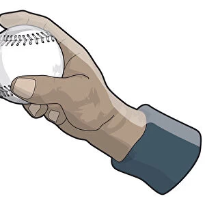 Hand holding baseball, two fingers placed over top of ball, fastball