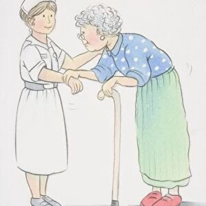 Hunched elderly woman leaning on a walking stick and holding on to wrist of smiling nurse, side view