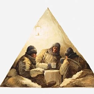 Illustration of Antarctic explorers inside tent