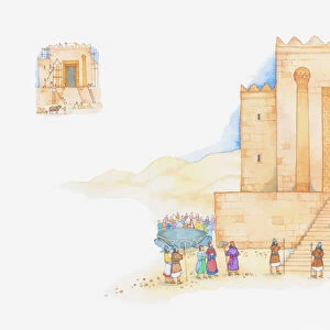Illustration of a bible scene, 1 Kings 6, 8, King Solomon builds the first Temple to God in Jerusalem