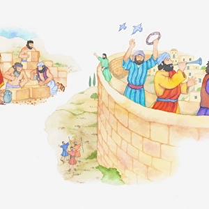 Illustration of a bible scene, Nehemiah 3, 12, Gods people build a wall around Jerusalem