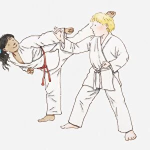 Illustration of boy and girl practising karate