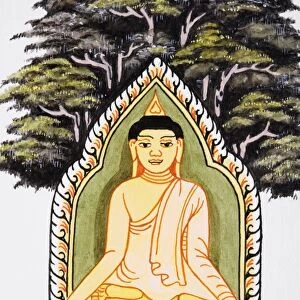 Illustration, Buddha seated in shrine