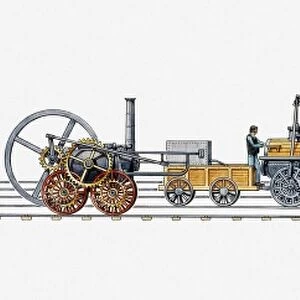 Illustration of development of British and American steam trains of the 19th century from 1803 to 1874