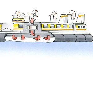 Illustration of hovercraft with cross-section showing propellers blowing warm air under hull to move vessel forward