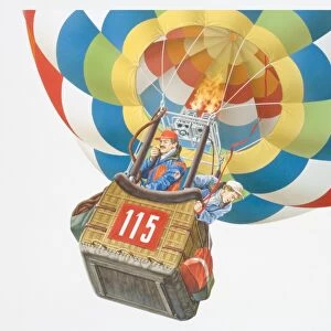 Illustration, two men standing in basket of rising hot-air balloon, one talking into radiophone, the other one looking down, low angle view