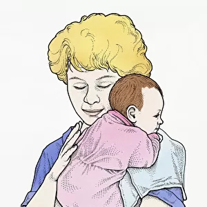Illustration of mother gently winding baby