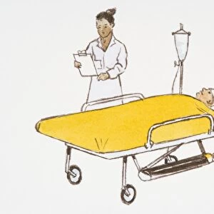 Illustration of nurse reading clipboard as hospital porter walks by pushing unconscious patient in bed