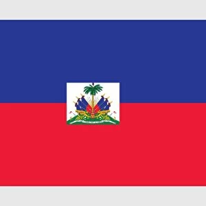 Illustration of official and state flag of Haiti, with blue and red field and coat of arms of Haiti in centre on white panel