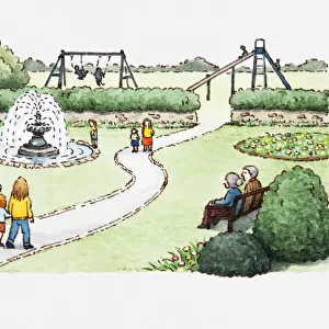 Illustration of a scene in a park with people walking on footpath and seated on bench, also containing a fountain and a playground