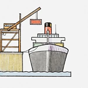 Illustration of ship being loaded by crane