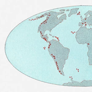 Illustration of volcanic zones dotted across the globe